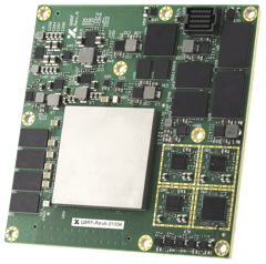 An angled view of a green circuit board (Xiphos Q8RF Rev. A) with a prominent central silver square component, rows of black chips, and gold-colored mounting holes.