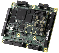 A green circuit board Q7 ACS with a smaller daughterboard stacked on top, featuring various electronic components and multiple connectors, against a light grey background.