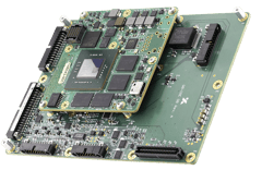 A green circuit board Q8 Processor with a smaller, stacked circuit board on top. Both boards are densely populated with various chips and connectors, set against a light grey background.