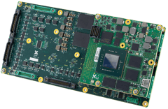 An angled view of two interconnected green circuit boards, with one (DSIB Rev. A) featuring multiple connectors, and the other (Q8J) having a central processor.